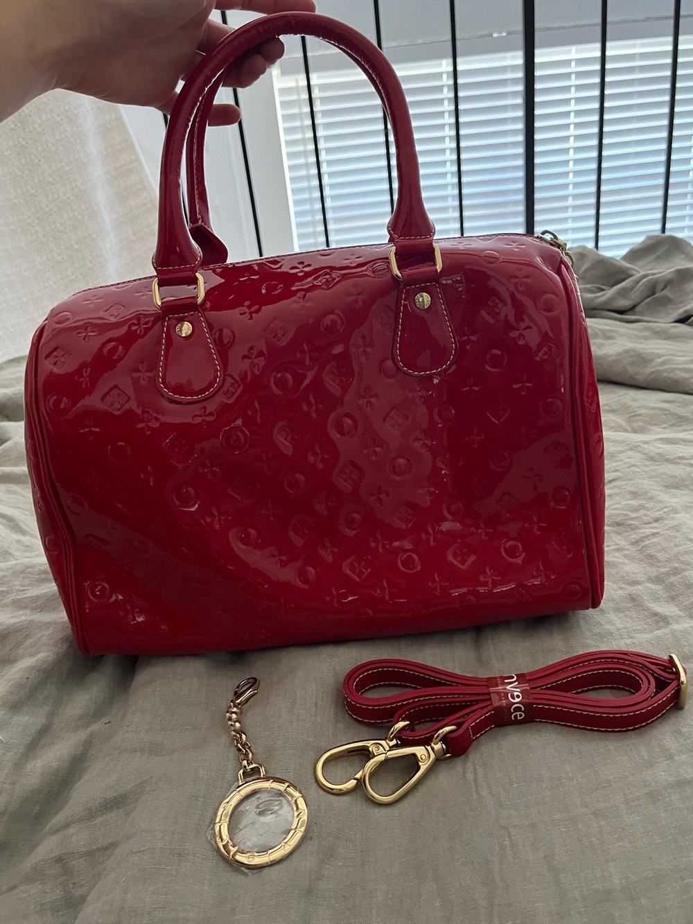 Invece Italian 100% Genuine Leather Red patent leather satchel handbag